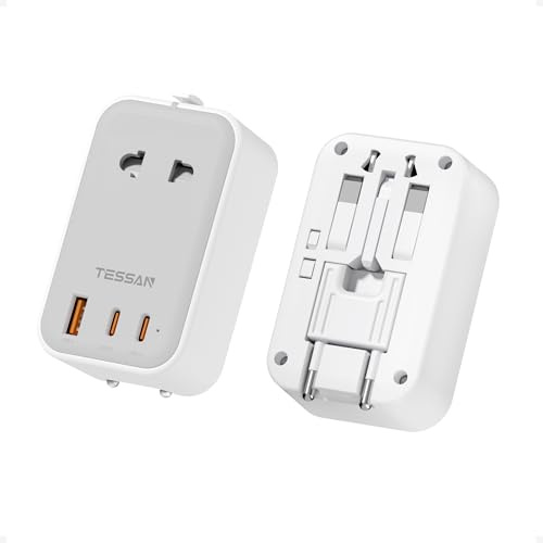 TESSAN Adaptador Enchufe Universal Plano con 2 USB C,Gray | Enchufe Universal Viaje con 1 USB A y 2 USB C,Cargador Universal PD 20W para USA, UK, Japon y Austuralia