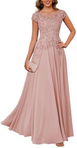 ORRCIGH Femmes Dentelle Applique Mère de la Mariée Robe Cap Manches Col Rond Robe de Soirée avec Poches LKK010, vieux rose, 50