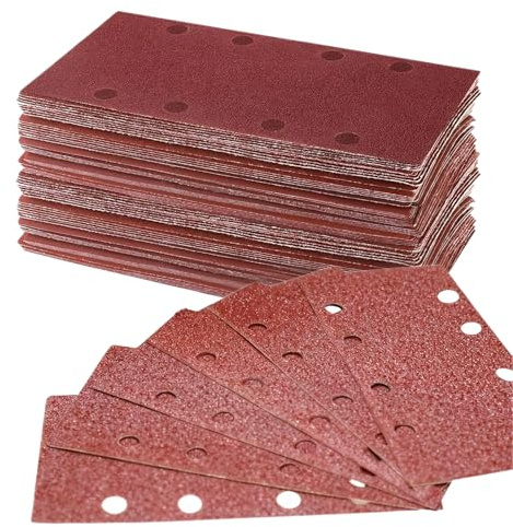 Vexnaro 100 Piezas Lijas para Lijadora 93 x 185 mm con 8 Agujeros, Lijas Rectangulares para Lijadora Orbital, Madera, Metal y Pintura, Papel de Lija Granos 40/60/80/120/180/240/320/400