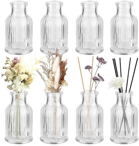 8 Pcs Mini Glass Bud Vases,Small Vases for Flowers,50 ml Vintage Mini Ribbed Vase Set,Lovely Clear Mini Vases,Transparent Small Vase for Wedding Party Centrepiece Home Decor Dining Tables(7.5x4.2 cm)