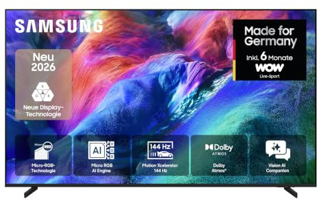 Samsung Micro RGB R85H 4K 75 Zoll (189 cm), UHD Fernseher, Micro RGB HDR+ & AI Engine für realitätsnahe Farben, Dolby Atmos, Gaming Hub, Motion Xcelerator 144Hz, AI Companion für Fragen, Smart TV