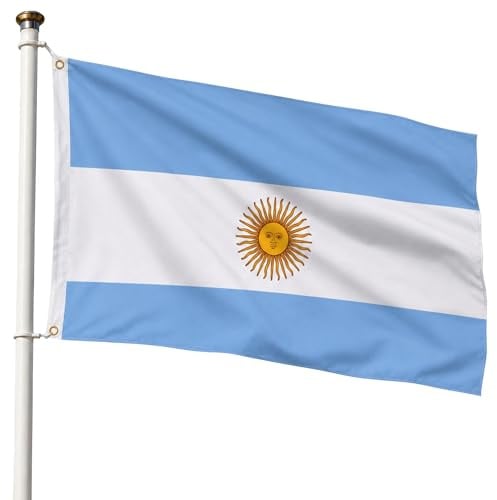 Bandera Argentina 90x150cm, Bandera Albiceleste con 2 Ojales de Latón, Argentine flag, Bandera Copa del Mundo, Bandera de País para exterior, Material Poliéster, Resistente al viento y lluvia