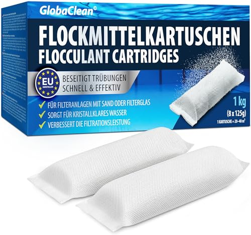 GlobaClean Flockmittel Pool Kartuschen 1 kg (8 x 125g) – Pool Flockungsmittel für Sandfilter & Filterglas – Poolreiniger, Poolklar & Poolpflege gegen trübes Wasser