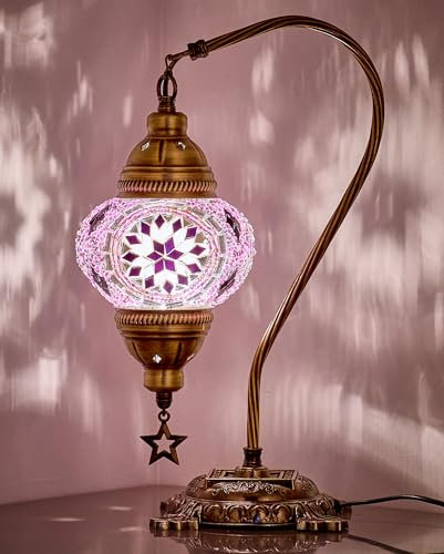 DEMMEX Authentic Turkish Lamp, Made in Turkey, Turkish Moroccan Tiffany Style Mosaic Table Bedside Lamp, Lampshade, 100% Handcrafted, Antique Brass Color Metal Body & Base, 15 (Lilac)