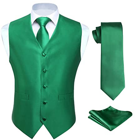 HISDERN Anzugweste für Herren Grün Hochzeit Weste und Krawatte und Einstecktuch Set Einfarbige Anzug Weste Herren mit Taschen Party XL