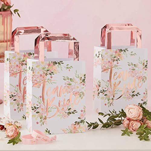My Weddingshop Papier-Taschen/Party-Tüten Team Bride Blumen-Muster & rosé-Gold - JGA/Junggesellinnen-Abschied/Hen-Party/Hochzeit/Heirat Zubehör & Deko-Ration Accessoire-s Braut Frau-en (10 Taschen)