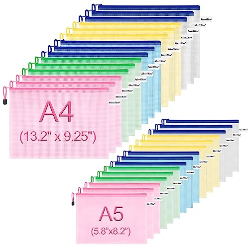 A4A5 Zipper Tasche, ‘MerryNine Dokumententasche, Netz-Reißverschluss, A4, A5, jeweils 15 Stück, 5 Farben, Kunststoff, für Büro und Reise, 30 Stück