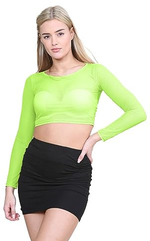 janisramone® Women s Sheer Mesh Crop Top, Crew Neck See Through Long Sleeve Crop Tops for Women, Ideal Summer and Party Top Neon Green
