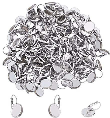 UNICRAFTALE 100pcs Ganchos de Pendiente de Palancas de Acero INOX Que Se Encuentran con 12 mm de Pendiente Plana Redonda Cabujones Bandeja de Bisel Componentes de Pendiente para Fabricación de Joyas