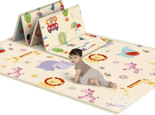 Jbsceen Spielteppich für Kinder, XXXL, Spielmatte, faltbar, Bodenmatte, Babyteppich aus LDPE, doppelseitig, wasserdicht (Animales)