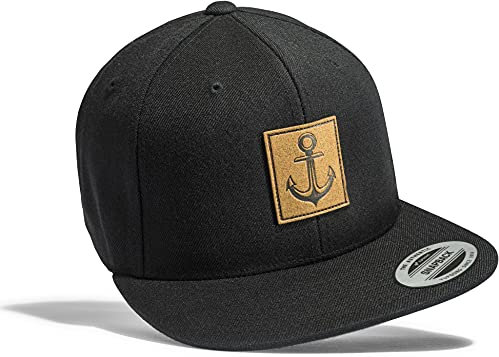 (A) Cap Flexfit Snapback : Anker (Leder-Patch) - Kappe Herren & Damen Kapitänsmütze (Schwarz)