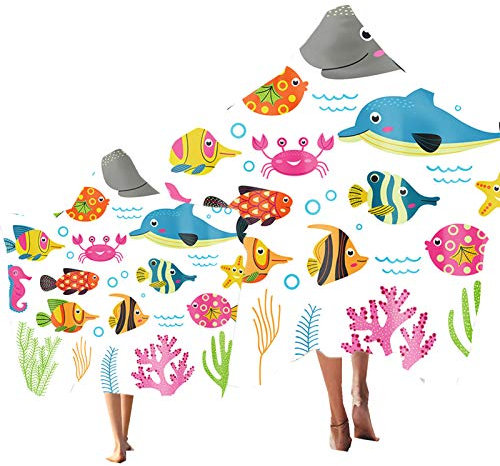 Kinder Cartoons StrandtücherMeeresboden Tier Fisch Delfin Krabbe Drucken Handtuch mit Kapuzen Microfiber Badeponcho Groß Strandhandtuch Junge Mädchen Erwachsene (Farbe 1, Kind: 130 × 150 cm)