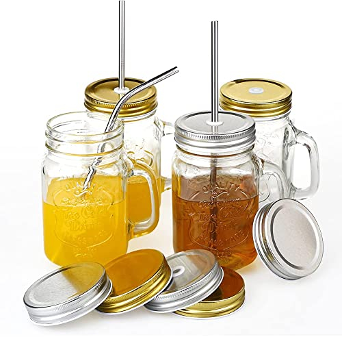 YHANEC Trinkgläser mit Deckel und Strohhalm, 4er Set Mason Jar Trinkglas, Trinkglas mit Deckel, Einmachgläser mit Henkel Wiederverwendbar, Glas, in Küchen, Partys, 450ml
