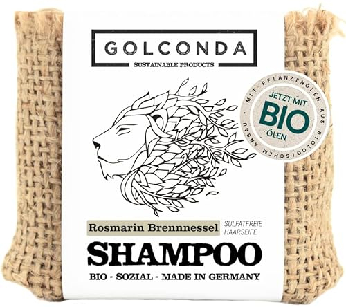 BIO Haarseife Rosmarin & Brennnessel GOLCONDA| gegen Haarausfall und Schuppen | zertifizierte Naturkosmetik | Vegan | Plastikfrei Shampooseife | Festes Shampoo Seife | Palmölfrei | 1 stück