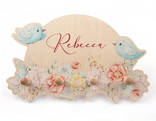 Personalisierte Kindergarderobe 'Birds' aus Birkenholz mit vier Haken, Garderobe für Kinder mit Wunschnamen, Motiv Vögel, Singvögel, Blumen, Rosen, Maße ca. 35 x 22 cm