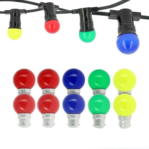 Arum Guirlande B22 + 10 Ampoules 1W panaché 4 Couleurs Guirlande Fête Guinguette Jaune Rouge Vert Bleu