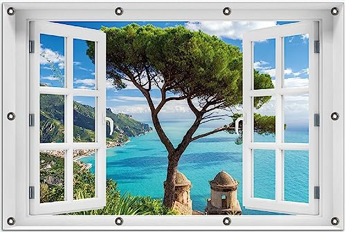 Wallario Outdoor-Poster für Garten oder Balkon Italienische Küste, Motivbanner Größe: ca. 80 x 120 cm Fenster-Illusion