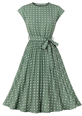 Wellwits Women's Polka Dots Pleated Wedding Guest Vintage Dress Green M