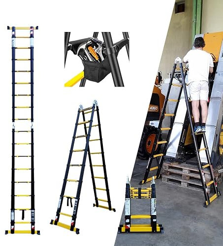 Escabeau-échelle télescopique Woerther 2 Fonctions - 3m80/ 1m90 - Modèle GRAFITEK - Doubles Barres stabilisatrices- avec Sac Porte Outils - Garantie 5 Ans