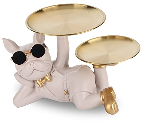 oliruim Bulldog Tray Statue - Bulldog Butler with Storage Tray for Entryway Key Holder, Ring Holder, Living Room Coffee Table Candy Dish, Modern Home Office Desktop Decor (Light Grey)