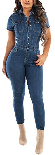 IQYU Salopette da lavoro da donna, in jeans, sexy, in denim, con salopette, in jeans, a maniche corte, estive, eleganti, Blu, xl