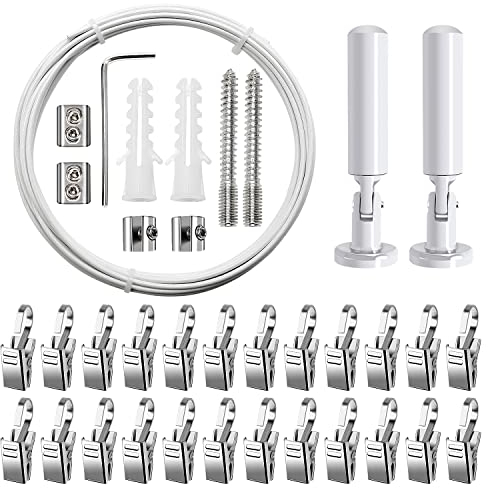 YIXISI 5m Wandhalterung Set, mit 24 Stück Metall Clips Haken, Edelstahl Vorhangdraht, Gardine Stahlseil, für Foto-Draht, Wäscheleine, Draht, Fenster, Vorhang, Spanndraht (Weiß)