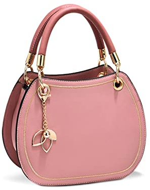 NICOLE & DORIS Handtasche Rund Klein Umhängetasche Damen Satchel Handtasche Mädchen Schultertasche PU Leder Kleiner Tasche mit Griff Niedlich Henkeltasche Crossbody Bag mit Anhänger Rosa