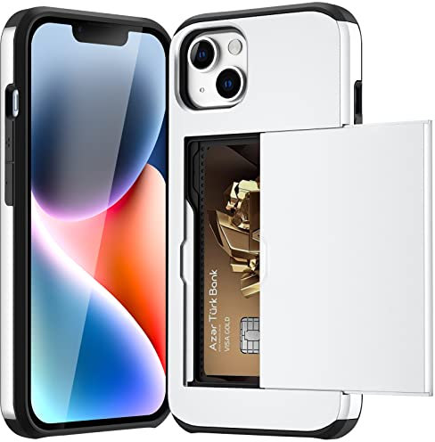 ACOCOBUY for iPhone 14 Plus Case with Card Holder Sliding Cover Hidden Pocket IDs Credit Cards Slot Heavy Duty Shockproof Protective Dual Layer Wallet Phone Cover Back Shell for Men Women 6.7 White