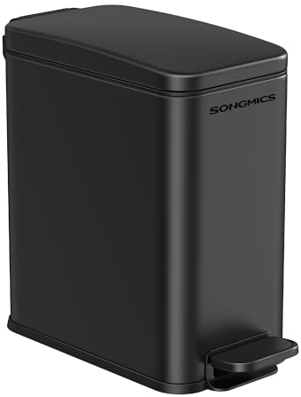 SONGMICS Kosmetikeimer, 10 Liter, Mülleimer Bad, mit Deckel, Tretmülleimer, Abfalleimer klein, schmal für kleine Räume, Stahl, Softclose, schwarz LTB561B10