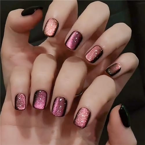Stylish Purple Cat Eye Fake Nail Short Square Press on Nails Tips for Women and Girls Nail Art Decoration Manicure 24pcs