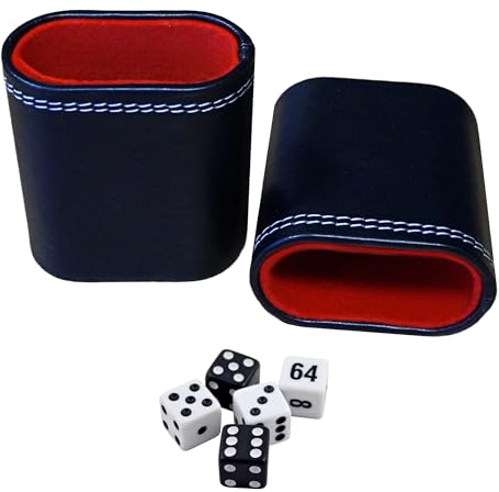 PrimoGames P-16442 Lot de 5 gobelets cubiques en cuir synthétique Noir/rouge – Gobelet cube élégant avec housse intérieure en feutre et 5 dés de précision de qualité supérieure avec cube double