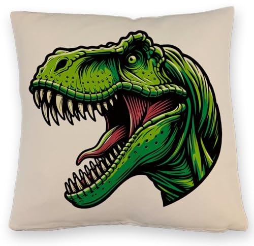 speecheese Grüner T-Rex Dinosaurier Kissen mit Leinenoptik Dinosaurier KuschelKissen mit Leinenoptik prähistorischer grüner T-Rex Tyrannosaurus mit großem Maul Zähne - Deko für Kinder