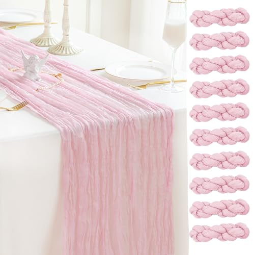 Sioloc 10 Stück Rosa Mulltuch Tischläufer 90x300 cm Boho Gaze Läufer für Herbstdeko, Hochzeit, Party, Baby Bridal Shower, Geburtstags Tischdekoration