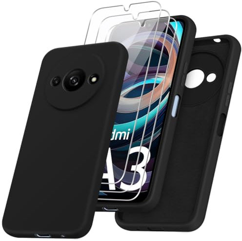 Funda para Xiaomi Redmi A3 con Tres Cristal Templado Protector de Pantalla, Negro Suave Silicona Protectora Carcasa para Xiaomi Redmi A3