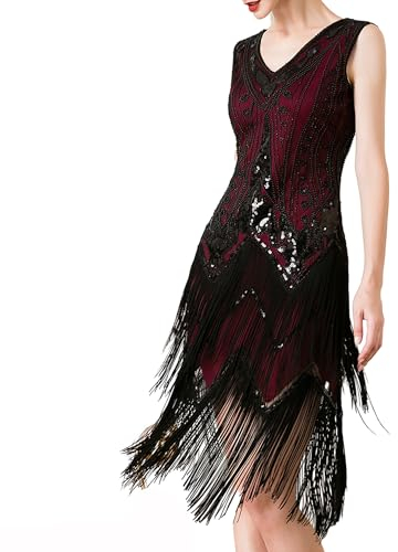 MUNAFIE 20er Jahre Kleid Pailettenkleider Fransenkleid V-Ausschnitt Glitzer Kleid für Damen 1920er Gatsby Charleston Flapper Party Kleider Kostüm Damen Rot-M