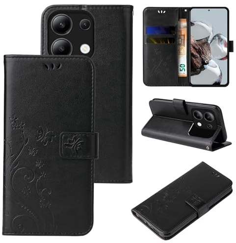 LBH Handy Hülle für Xiaomi Redmi Note 13 Case Handytasche Schmetterling Blumen Flower Standfunktion Schutzhülle Magnet Rundum Schutz 360 Grad Flipcase Cover Schwarz