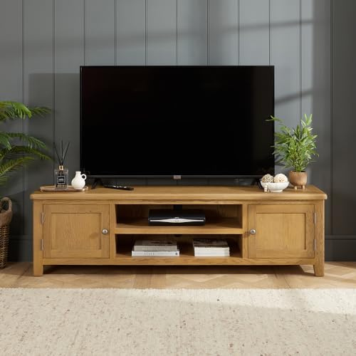 The Furniture Market Cotswold Rustic Smoked Oak Large TV Stand, Solid Oak Media Unit for TVs Up to 80”, Storage Cupboards, Adjustable Shelves, Cable Management - H 510 x W 1800 x D 430mm