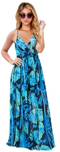HEYPORK Damen Frühling Sommer Kleider Bequem Lässig Modern Elegant Röcke Frauen Kleid Böhmischen Floralen Halfter Langes Kleid(Blau, L)
