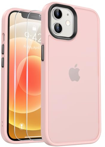 Kmofizle Coque pour iPhone 12 / iPhone 12 Pro avec 2 Verre Trempé, Protection Antichoc Qualité Militaire, Etui Translucide Mat Arrière Housse Fine Case, Rose