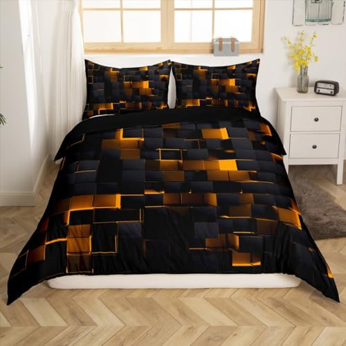 Orange und Schwarz Bettwäsche 135x200 Neon Geometrisch Karierte Bettwäsche Set für Kinder Jungen Teen, Stereoskopische Gitter Plaid Bettbezug Glühende Quadratische Bett Set Moderne Zimmer Dekor