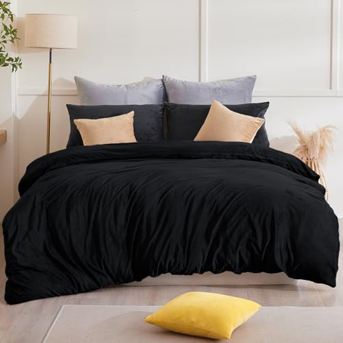 Beqnat Winter Flanell Bettwäsche 200x220 3teilig Warme Flauschige Teddy Plüsch Bettwäsche Sets Cashmere Touch Winterbettwäsche Fleece 1 Bettbezug + Kissenbezug 2er 80x80 mit Reißverschluss, Schwarz