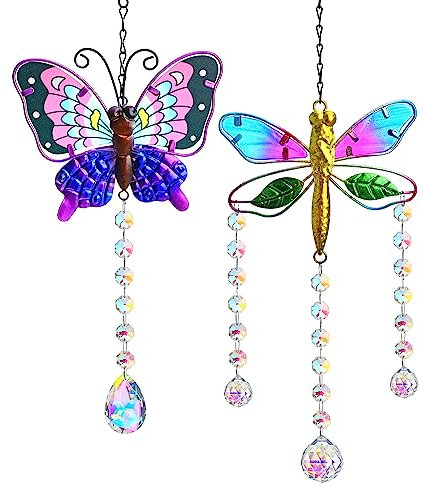 Sonnenfänger mit Kristallen, Buntglas, Schmetterling, Libelle, Sonnenfänger, Fensterdekoration, Ornament, Prisma, Regenbogenmacher, Anhänger für Haus, Garten, 2 Stück