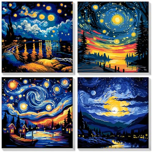 HEIBAGO 4 Pack Encadré Paint by Numbers pour Débutants, Ciel étoilé Kits de Peinture par Numéros pour Adults, DIY Peinture à l'huile par Numéros Kits pour la Décoration Intérieure Maison,8×8 inch