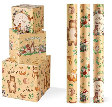 WERNNSAI Baby Kraft Geschenkpapierrolle – 3 Rollen 43 cm x 3 m Babyparty Geschenkpapier Waldtiere Kraft Geschenkpapier Dekoration Blätter Tier Geschenkpapier Neugeborenen Geburtstagsgeschenk