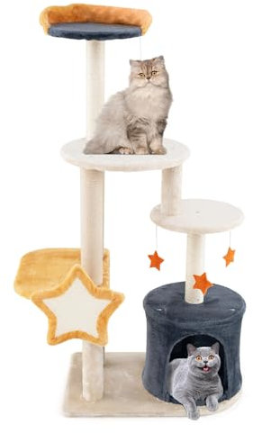 GYMAX Cat Tree, Multi-Level Cat Tower with Cat Condo, Sisal Scratching Posts & Board, Plush Top Perch & Platforms, Hanging Moon Star Toys, Cute Cat Tree for Indoor Cats