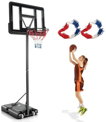 GYMAX Panier Basket Extérieur pour Enfants Adultes, Hauteur Réglable 135-305CM, Mobile avec Roues, Base Remplissable, 2 Filets Fournis, Panneau Arrière Incassable