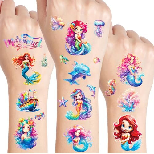 Meerjungfrau Glitzer Tattoo Set Kinder, 12 Blätter Glitzer Tattoo Kinder, Glitzer Tattoo Spielzeug, Schultüte Einschulung Geschenk Mädchen, Meerjungfrau Tattoos Deko Kindergeburtstag