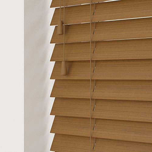 50mm Faux Wood Venetian Blinds Fine Grained With Strings 120cm Drop 90cm Wide Truffle