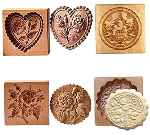 Stampi per biscotti in legno, intagliato 3D 4 diversi stampo di pasta frolla, francobolli non stick da 3,9 pollici, stampi per biscotti riutilizzabili per cookie da forno biscotti
