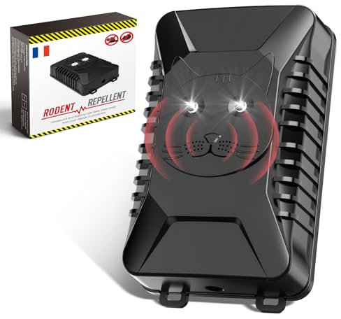 Anti Rongeur Voiture, Repulsif Martre pour Voiture, Répulsif Anti Fouines Ultrason, Ultrason Souris et Rats avec flash LED, Connexion à la batterie 12V de la voiture, pour Voiture, Garage, Grenier